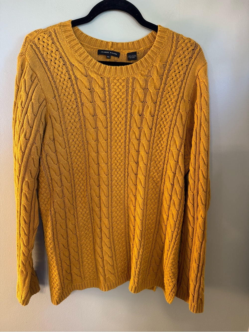 JEANNE PIERRE Women's Mustard Cable Knit Cotton SWEATER XL Crew Neck
